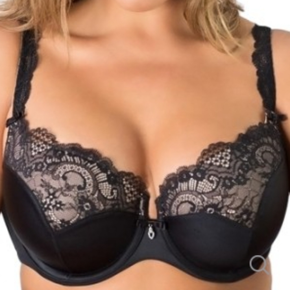 Curvy Couture Tulip Lace Push Up Bra Black Size 46C